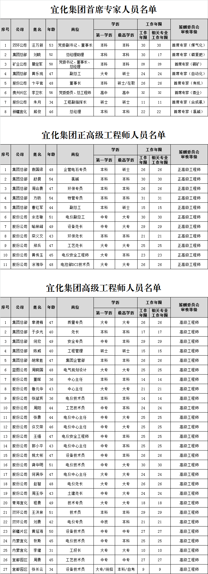 宜化集團(tuán)首席專家、正高級(jí)工程師、高級(jí)工程師評(píng)審結(jié)果公示